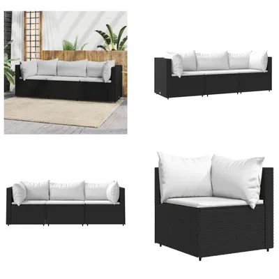 Image de vidaXL 3 pcs. Garden Lounge Set with Coussins Black Poly Rattan - Garden Lounge Set - Garden Lounge Sets - Outdoor Lounge Set - Lounge Set Terrasse