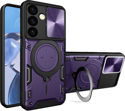 A purple and black phone case with a sliding camera cover and a ring stand is shown from multiple angles against a white background.