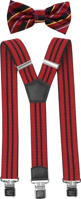 Produktbild von Fabio Farini - 1 Stück mit passender Fliege als Set 4cm Y-Form für Herren Pack Rot Streifen 4cm Hosenträger - Rot/Schwarz/Bunt Streifen Fliege