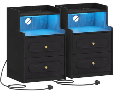Productafbeelding van Set van 2 nachtkastjes - LED-verlichting - Oplaadstation - 2 lades - Open vak - Hout - Zwart
