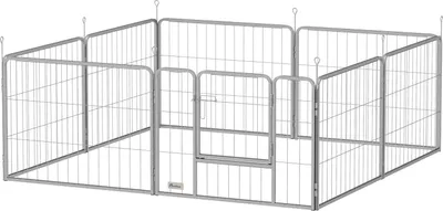 Produktbild von Welpenauslauf 60 cm Hoch, 8-TLG Hundelaufstall Welpenlaufstall mit Gurt und Tür, Freilaufgehege für kleine bis mittelgroße Hunde, Meerschweinchen, Kaninchen, Stahl, Silber Aosom