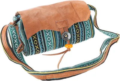 Produktbild von Ethno Schultertasche mit Leder, Nepaltasche - Blau/braun, Uni - Erwachsene, Baumwolle,Leder, 17*25*10 cm, Alternative Umhängetasche, Handtasche aus Stoff