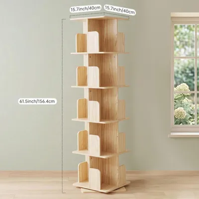 Immagine prodotto di Libreria girevole a 360°, 5 ripiani, legno naturale, 40x40x156 cm