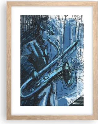 Produktbild von Gerahmtes Poster - Rahmen in heller Eiche - Saxophon Musiker Zeichnen - 30x40 cm - Wand Bild - Wanddeko - Wandbilder - Wandposter - Bilderrahmen - Bilder - Kunstdruck - Wandbild - P2NPA30x40-4148