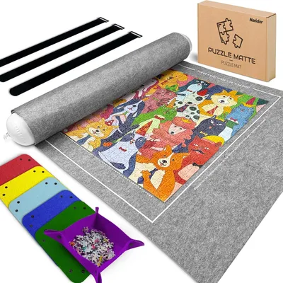 Image de Tapis de puzzle gris, pour 1500 pièces, dimensions 116x66 cm, avec 6 bacs de tri en feutre, sur roulettes