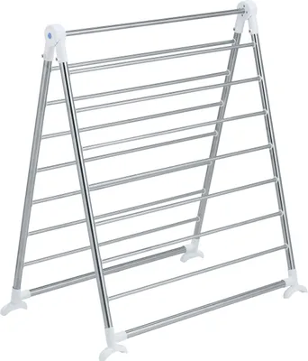 A freestanding drying rack made of stainless steel.