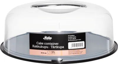 A clear, studio shot of a round cake container with a transparent lid and a gray base.
