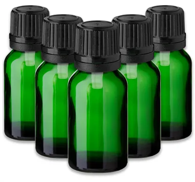 Produktbild von 5x Grüne Glasflasche 15 ml mit schwarzem Tropfeinsatz - Leer 18/415