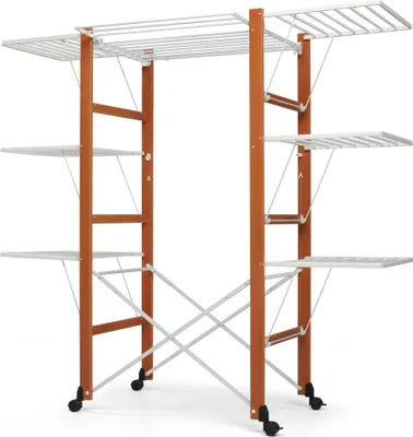 A freestanding laundry drying rack with multiple shelves and bars, shown against a white background.