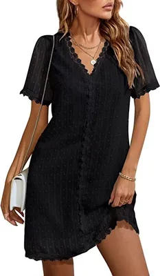 Produktbild von ASKSA Damen Chiffon Kleider V-Ausschnitt Sommerkleid Swiss Dot Spitze A-Linie Minikleid, Schwarz, M
