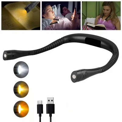 Produktbild von Leselampe, Wiederaufladbare LED-Nackenleselampe mit 3 Farben und dimmbarer Helligkeit zum Lesen bei Nacht, Stricken und Campen, Schwarz