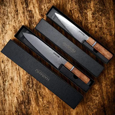 Produktbild von Set Damast Küchenmesser EE-39210 - 2 Stück mit braunem Holzgriff KP39210