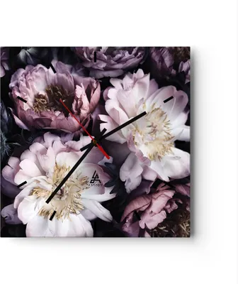 Produktbild von Wanduhr - Quadrat - Glasuhr - Pfingstrosen Veilchen Blumen - 40x40cm - Schleichendes Uhrwerk - Lautlos - zum Aufhängen bereit - Dekoration Modern - Wanddekoration aus Glas - C3AC40x40-5076