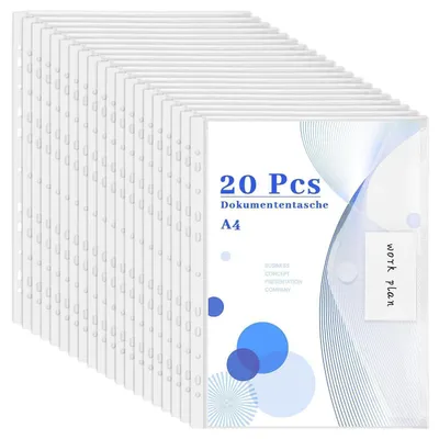 Obrázok produktu pre A4 obálky na dokumenty, 20 kusov, priehľadné, s 11 otvormi a suchým zipsom
