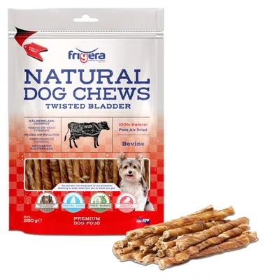 Productafbeelding van Frigera Kälberblaaspjes, gedraaid, 250g, natuurlijke, eiwitrijke hondensnacks, glutenvrij, van rundvlees