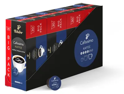Produktbild von Tchibo Cafissimo Kaffee kräftig Kaffeekapseln, 120 Stück – 4x30 Kapseln (Kaffee, intensives und fein-würziges Aroma), nachhaltig & fair gehandelt