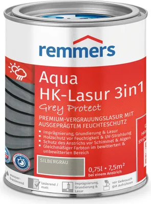 Produktbild von Remmers Aqua HK-Lasur 3in1 Grey Protect silbergrau (RC-970) 0,75 l, Holzlasur