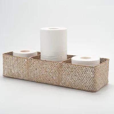 Produktbild von Unyqoos® Seegraskorb aus 100% natürlichem Seegras, rechteckig, 3 Fächer mit Metallrahmen, Whitewash, 42 x 14 x 9 cm – Aufbewahrung für Toilettenpapier & Kosmetik