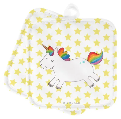 Produktbild von Mr. & Mrs. Panda Topflappen Einhorn Happy - Weiß - Geschenk, Topflappenset, Lebensfreude, Lachen, topfhalter, Set, Fröhlich, Kochlappen, Unicorn, Spaß, Topfuntersetzer