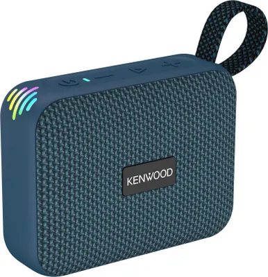 A blue Kenwood portable speaker is shown against a white background.