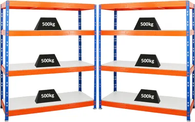 Produktbild von Mega Deal | 2x Profi Schwerlastregal Rhino | HxBxT 180x160x60cm | 4 Melamin-Ebenen 16mm | Fachlast 500kg | Blau-Orange