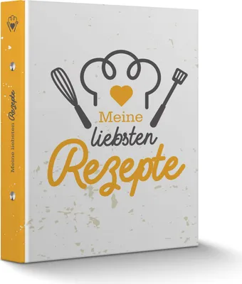 A white and yellow recipe binder with cooking-related graphics and text.