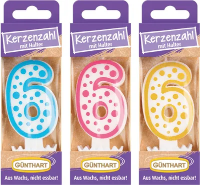 Zdjęcie produktu dla Günthart świeczka woskowa nr 6 świeczka urodzinowa 1 sztuka różne kolory