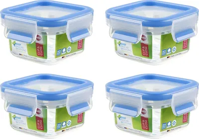 Produktbild von EMSA 508535 Clip & Close Aufbewahrungs-Dose, quadratisch, 200 ml, transparent/blau (4er Pack)
