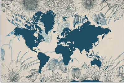 Produktbild von MuchoWow® Poster Weltkarte - Blau - Blumen 30x20 cm - Plakate - Print