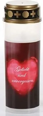 Produktbild von Schlaraffenland LED Grabkerze mit Motiv, Herz, Geliebt und unvergessen, weiß 21 cm, Brenndauer von bis zu 200 Tagen, flackerlicht, Grablaterne Wind- und Regenfest, Grablampe