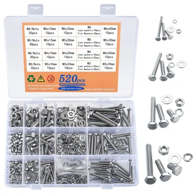 Produktbild von Sechskantschraube Set Sechskantmutter - 520-teilig - M3, M4, M5, M6 - Edelstahl - Schraubenset mit Muttern und Unterlegscheiben