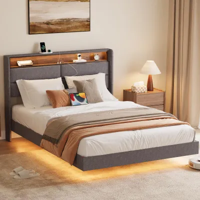 Produktbild von Schwebebett 180x200 Polsterbettgestell mit RGB LED Beleuchtung, USB-C Ladefunktion & Stauraum Kopfteil, Leinenoptik Grau