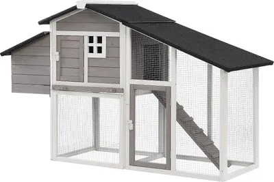 Produktbild von Holzstall mit Auslauf - 4 Hennen - L 173 x B 64 x H 108 cm - Weiß und grau - LEVAS