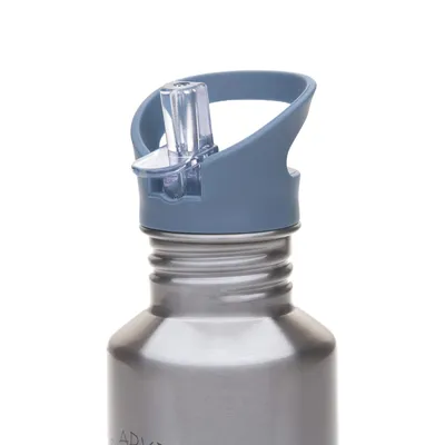 Close-up of the top of a stainless steel water bottle with a blue lid and a clear straw.