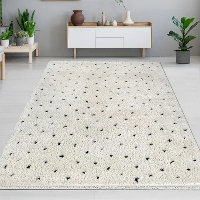 Produktbild von Moderner Hochflorteppich weich und stilvoll mit schwarzem Punktmuster | Beige Größe - 160 x 230 cm