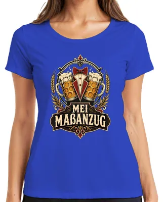 Productafbeelding van Maatpak, , bierkan, traditionele kleding, grappig, lederen broek, dirndl, dames T-shirt, blauw, maat M