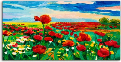 Produktbild von Coloray Acrylbild 140x70  Wandbild Acrylbilder Deko Natur landschaft Mohn Blume wiese