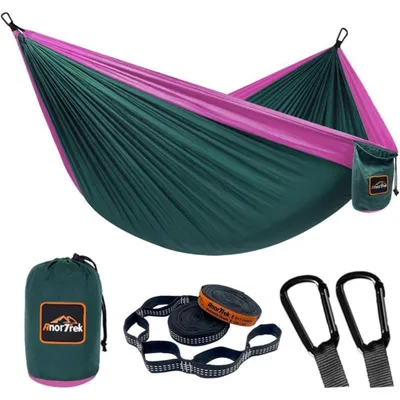 Productafbeelding van Camping hangmat, parachute nylon, 300 x 200 cm, donkergroen & fuchsia, met boomriemen en karabiners