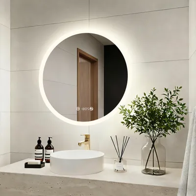 Produktbild von Heilmetz LED Badspiegel Rund 70 cm mit Beleuchtung, Badezimmerspiegel mit Uhr und Temperaturanzeige, Dimmbar, Anti-Beschlag, Touchschalter, 4300K