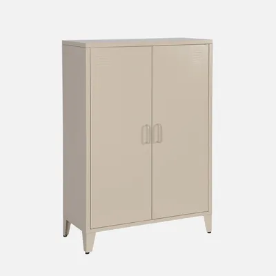 A beige metal cabinet with two doors and four legs, shown against a plain light gray background.