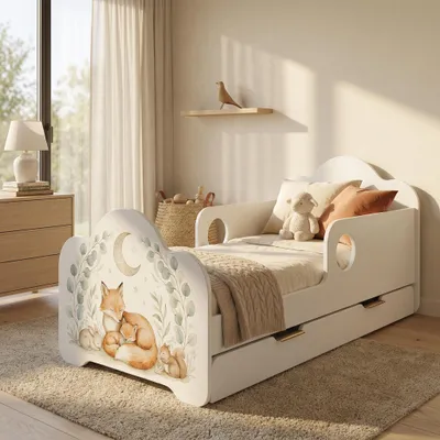 Produktbild von Happy Babies Kinderbett mit Rausfallschutz Junge 160x80 Bett für Kinderzimmer mit Schublade Matratze Einzelbett für Kinder Weiss