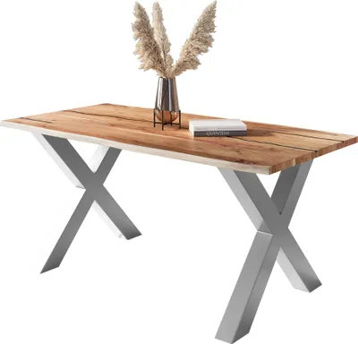 Produktbild von Baumkantentisch Akazie mit schwarzen Resin-Adern naturfarben 140 x 80 cm X-Gestell silber POLLY