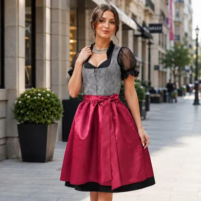Produktbild von 2-teiliges Trachtenkleid (Kleid + Schürze) in Bordeux mit schwarzen Streifen