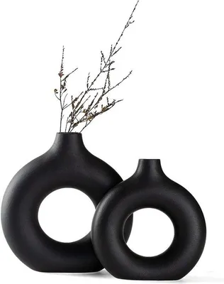 Immagine prodotto di Set di 2 vasi in Vetroceramica Unyqoos® – Vasi a forma di ciambella neri opachi (grande e piccolo), vasi decorativi rotondi, ideali per pampas, in stile boho e minimalismo nordico