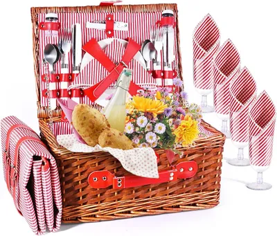 Produktbild von Picknickkorb aus Weide, für 4 Personen, mit wasserdichter Decke und Besteck, rosa, für Camping