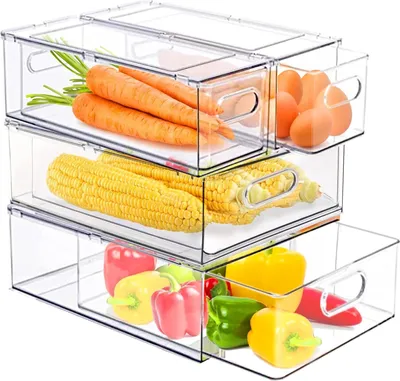 Produktbild von 4er-Pack stapelbare Kühlschrank-Organizer-Behälter mit Schubladen, durchsichtige Kühlschrank-Organizer-Behälter mit ausziehbarer Schublade, Kühlschrank-Organizer-Schublade, Kühlschrank-Organizer und -Aufbewahrung für Lebensmittel, Obst, Gemüse