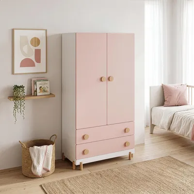 Immagine prodotto di Armadio per bambini "Vaarentaa" con 2 ante, 2 cassetti, dimensioni 156 x 80 x 41 cm, colore bianco / rosa confetto