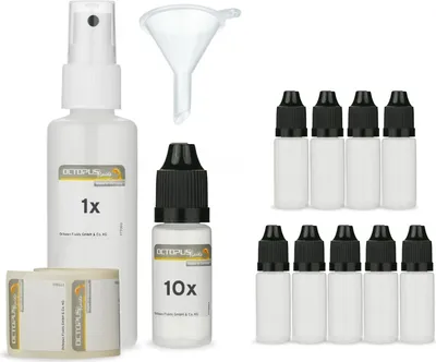 Obrázek produktu pro Sada lahviček pro alkoholové inkousty, 10x 10 ml LDPE, 1x 50 ml HDPE s rozprašovačem, 1x trychtýř, 2x rukavice