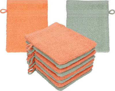 Produktbild von Betz 10 Stück Waschhandschuhe 16x21 cm PREMIUM 100% Baumwolle  Farbe: blutorange - heugrün