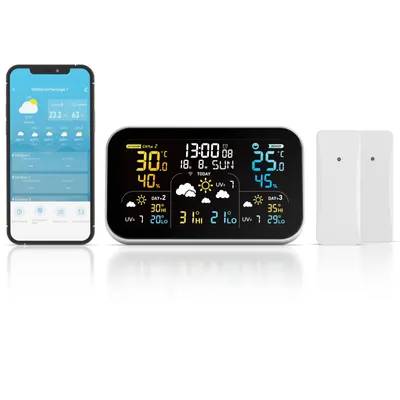 Produktbild von Brandson WLAN Wetterstation mit 2 Außensensoren, Funkwetterstation mit Tuya Smart Life App, 3-Tage-Vorhersage, Farbbildschirm, Komfortanzeige, Wecker, 3 Weckzeiten, schwarz